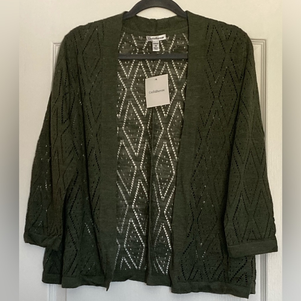 Olive loose knit cardigan, size 1X NWT, open front, Croft & Barrow brand